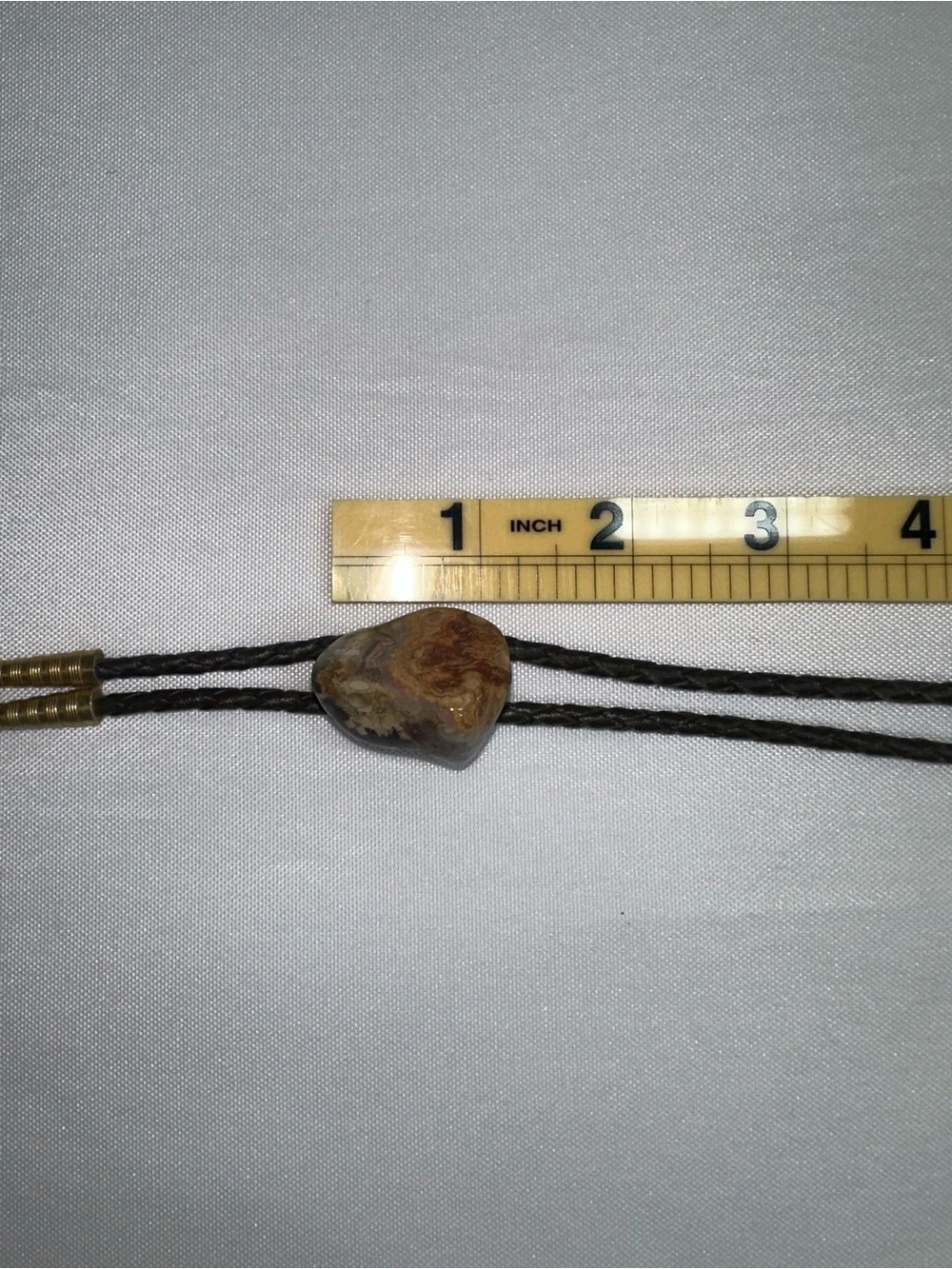 Vintage Polished Banded Agate Gemstone Bolo Tie Brass Tips Western Rockabilly